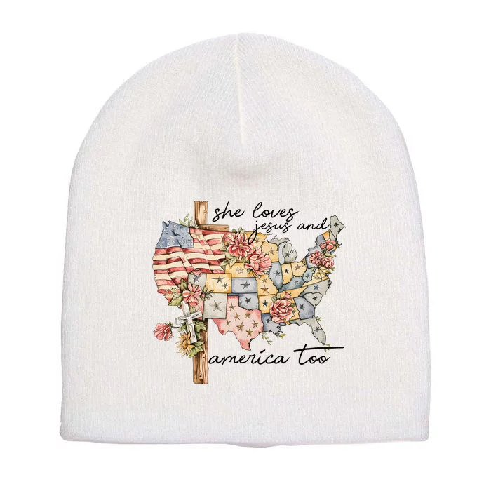 She Loves Jesus And America Too Usa Map Short Acrylic Beanie