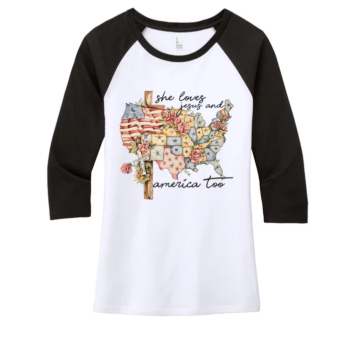 She Loves Jesus And America Too Usa Map Women's Tri-Blend 3/4-Sleeve Raglan Shirt