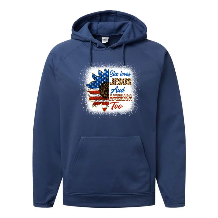 She Love Jesus And America Too American Flag Sunflower Gift Performance Fleece Hoodie