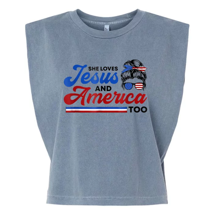 She Loves Jesus And America Too 4th of July God Believer USA Garment-Dyed Women's Muscle Tee