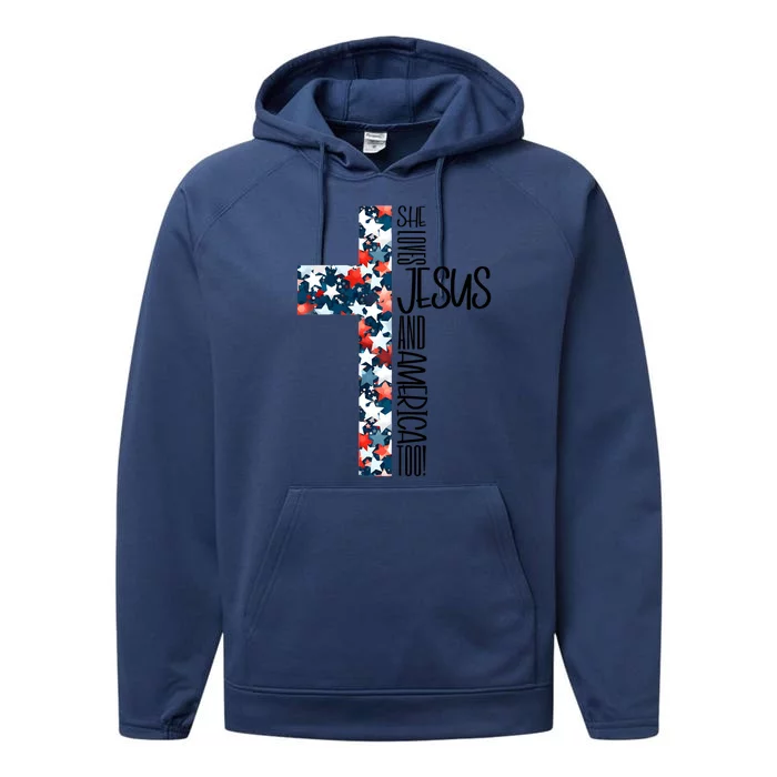 She Loves Jesus And America Too 4th Of July Performance Fleece Hoodie