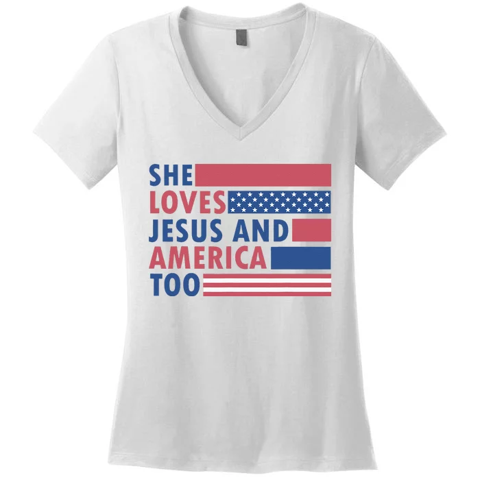 She Loves Jesus And America Too Retro Women's V-Neck T-Shirt