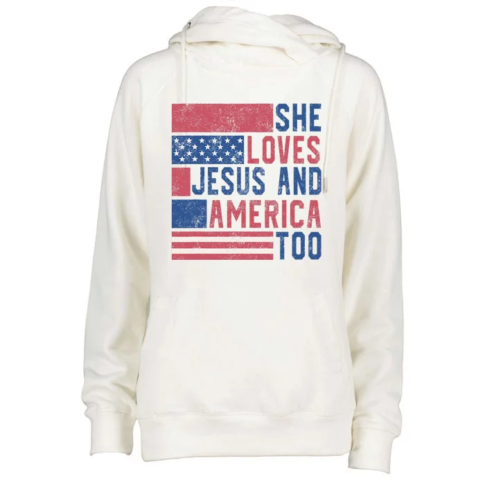 She Loves Jesus And America Too 4th Of July Patriotic Retro Womens Funnel Neck Pullover Hood