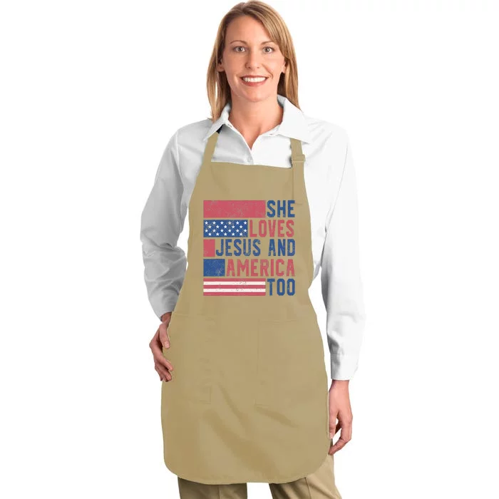 She Loves Jesus And America Too 4th Of July Patriotic Retro Full-Length Apron With Pocket