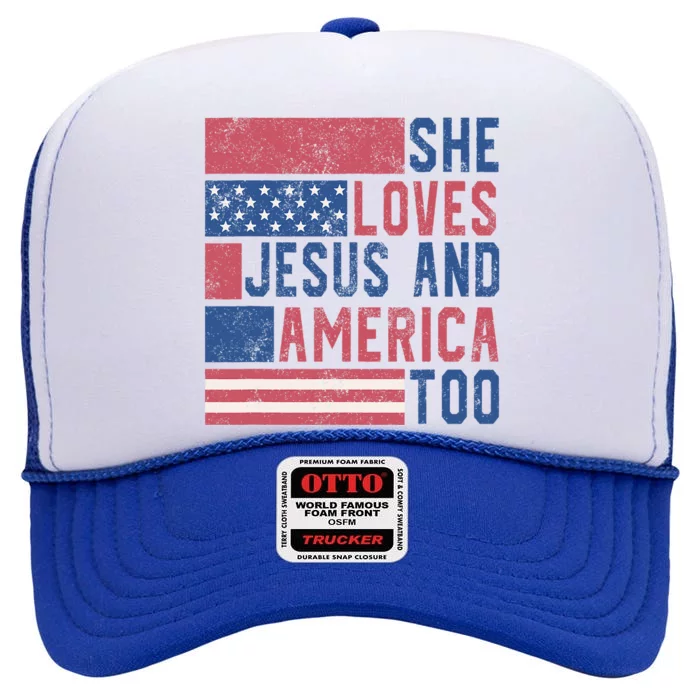 She Loves Jesus And America Too 4th Of July Patriotic Retro High Crown Mesh Trucker Hat