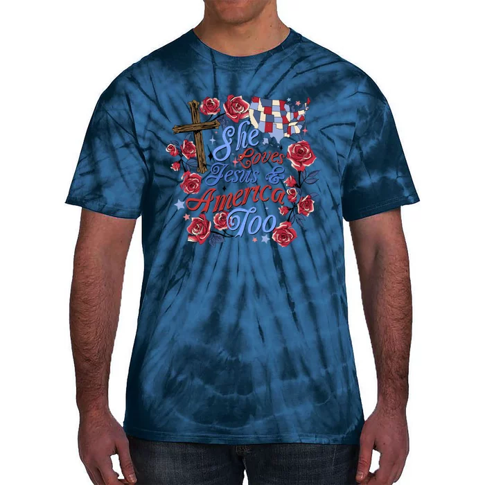 She Loves Jesus And America Too Floral Cross Tie-Dye T-Shirt