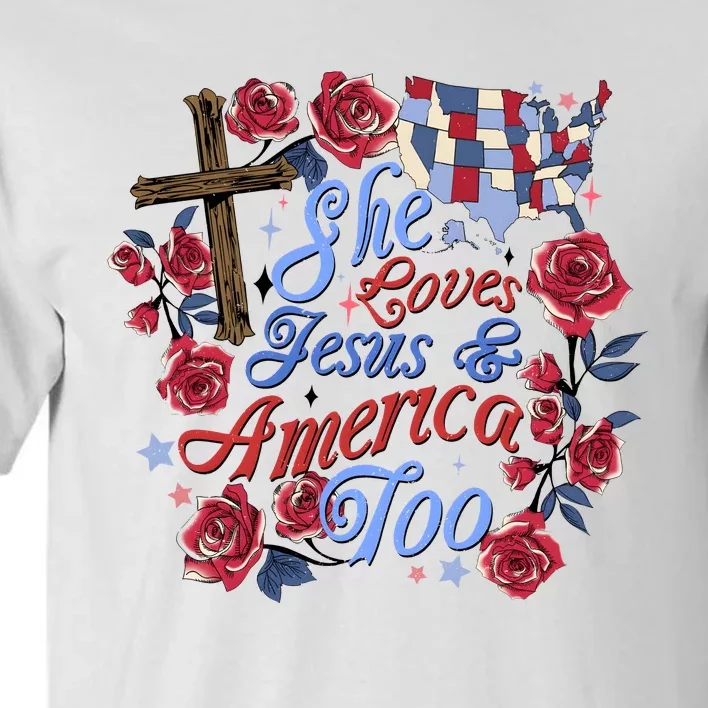 She Loves Jesus And America Too Floral Cross Tall T-Shirt