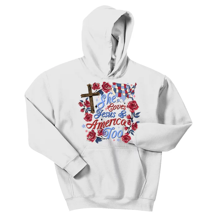 She Loves Jesus And America Too Floral Cross Kids Hoodie