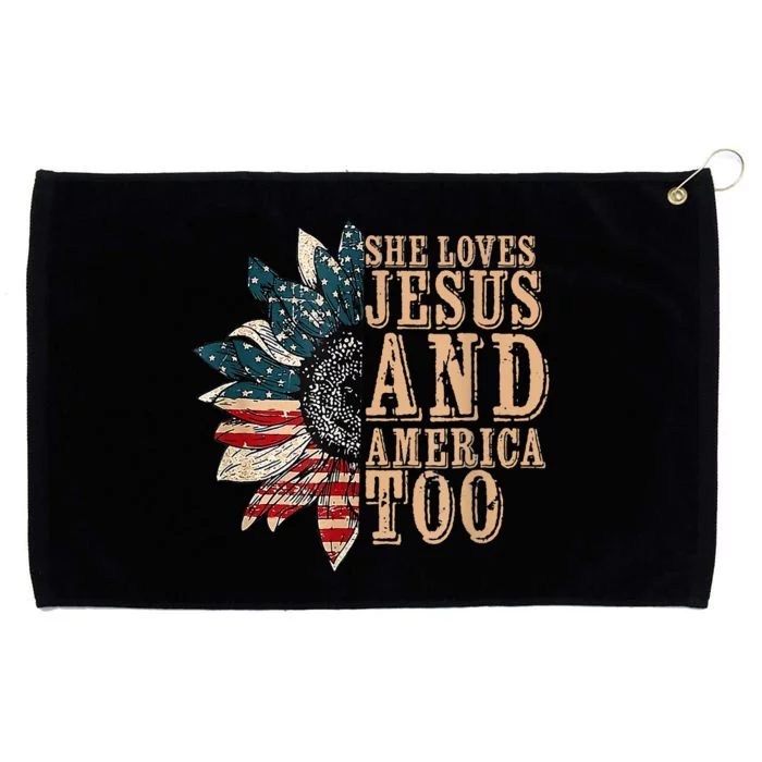 She Love Jesus And America Too Funny Sunflower America Flag Grommeted Golf Towel