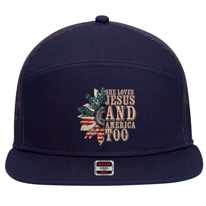 She Love Jesus And America Too Funny Sunflower America Flag Gift 7 Panel Mesh Trucker Snapback Hat