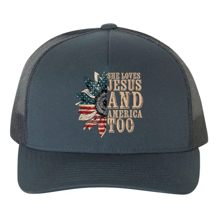 She Love Jesus And America Too Funny Sunflower America Flag Gift Yupoong Adult 5-Panel Trucker Hat