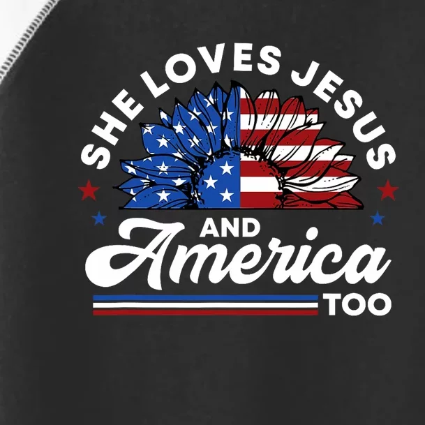 She Loves Jesus And America Too Christian Patriot Sunflower Toddler Fine Jersey T-Shirt