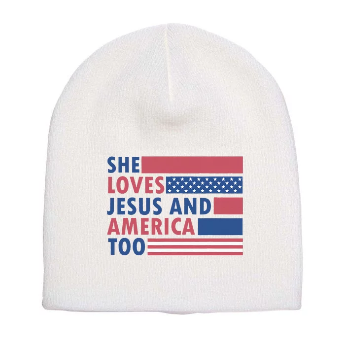 She Loves Jesus And America Too Retro 4Th Of July Short Acrylic Beanie