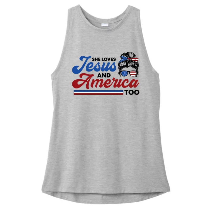 She Loves Jesus And America Too 4th Of July Proud Christian Ladies Tri-Blend Wicking Tank