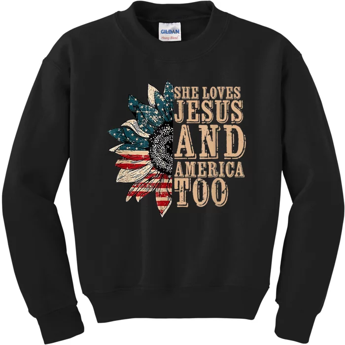 She Love Jesus And America Too Funny Sunflower America Flag Kids Sweatshirt