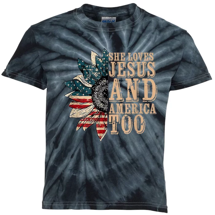 She Love Jesus And America Too Funny Sunflower America Flag Kids Tie-Dye T-Shirt