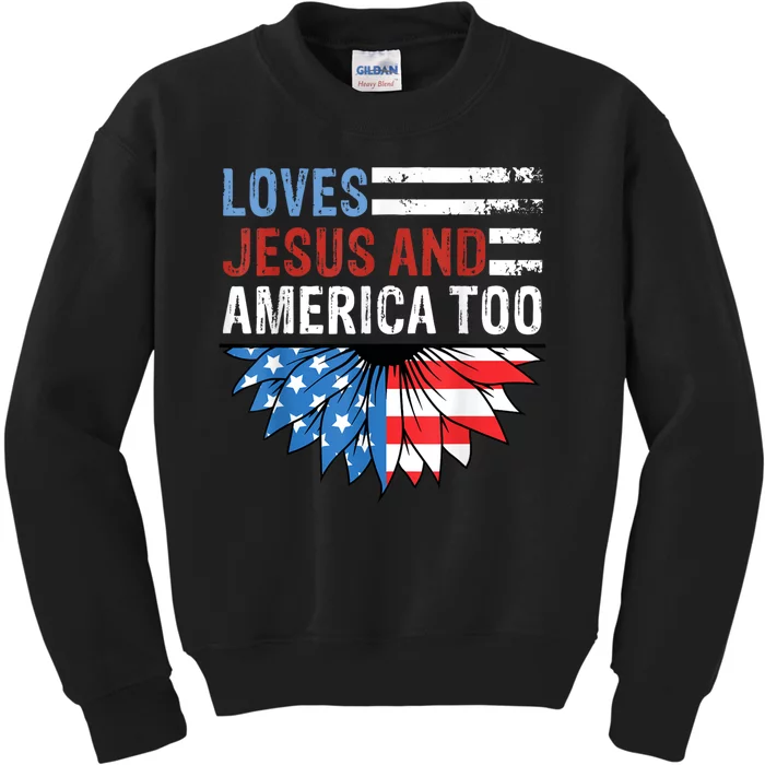 Sunflower Loves Jesus And America Too Christian 4th Of July Kids Sweatshirt