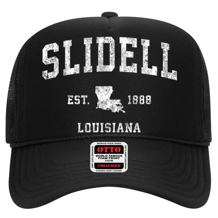 Slidell Louisiana La Vintage Athletic Sports High Crown Mesh Trucker Hat