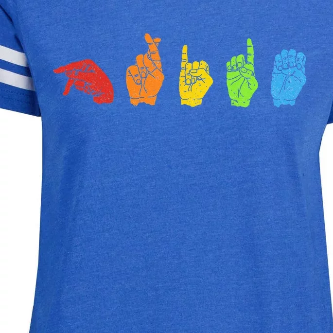 Sign Language LGBTQ Pride Gay Rainbow Deaf ASL Mute Ally Enza Ladies Jersey Football T-Shirt