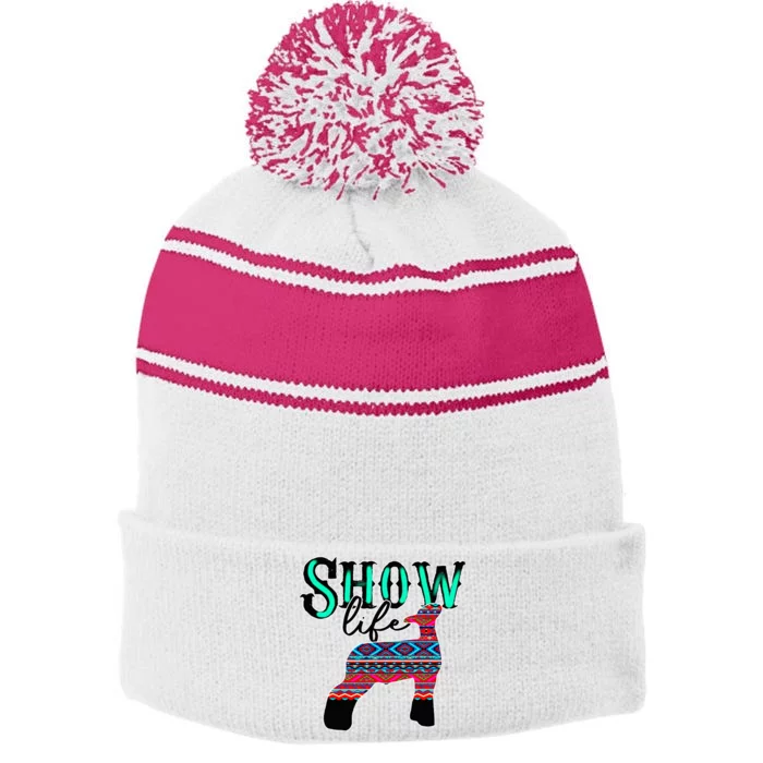 Show Life Livestock Lamb Show Market Aztec Serape Stripe Pom Pom Beanie