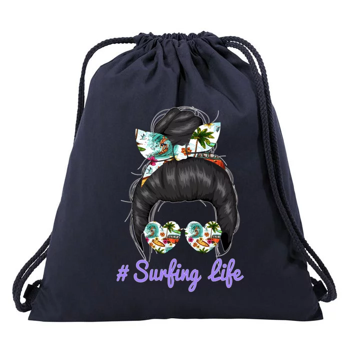 Surfing Life Mom Messy Bun Glasses Mothers Day Funny Gift Drawstring Bag