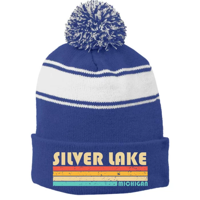 Silver Lake Michigan Funny Fishing Camping Summer Gift Stripe Pom Pom Beanie