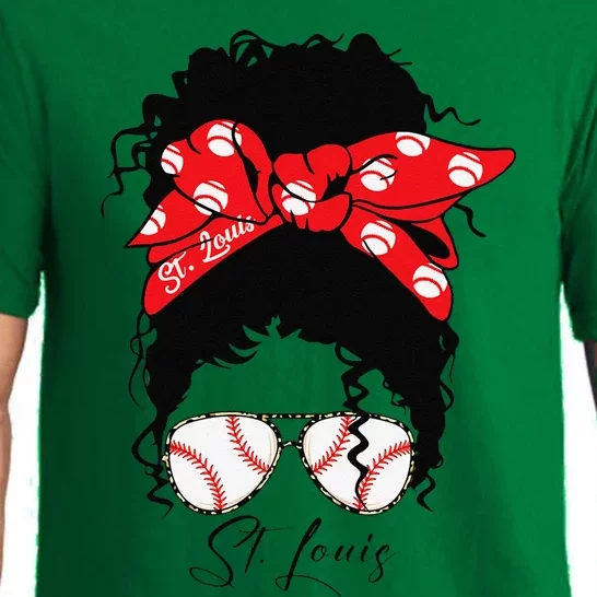 St. Louis Messy Bun Baseball Fan Souvenir I Love St. Louis Pajama Set