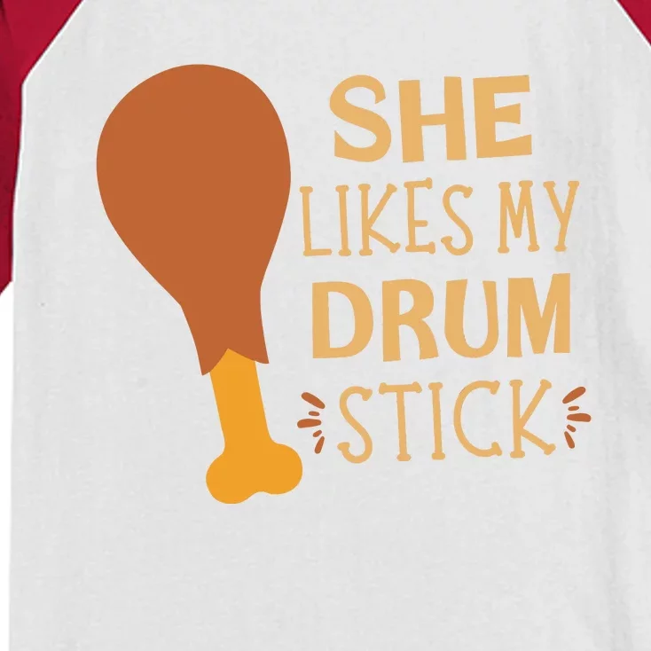 She Likes My Drum Stick Funny Couple Matching Thanksgiving Kids Colorblock Raglan Jersey