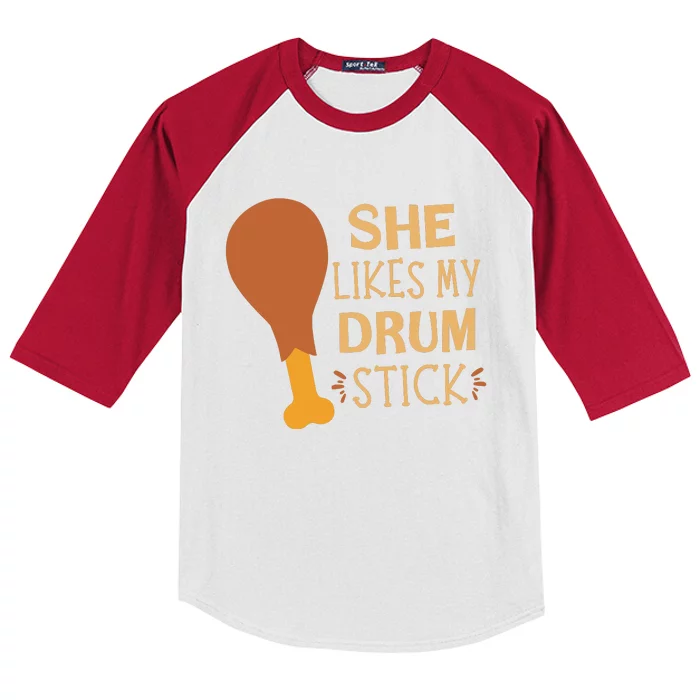 She Likes My Drum Stick Funny Couple Matching Thanksgiving Kids Colorblock Raglan Jersey