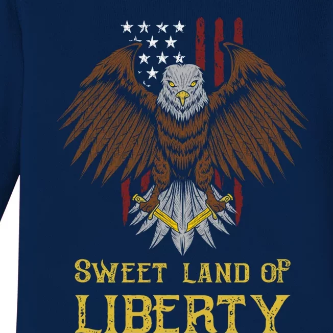 Sweet Land Of Liberty Eagle Over Distressed American Flag Gift Baby Long Sleeve Bodysuit