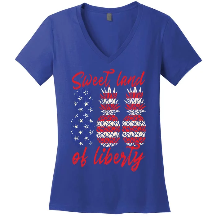 Sweet Land Of Liberty Pineapple Patriot Motive Memorial Day Cute Gift Women's V-Neck T-Shirt