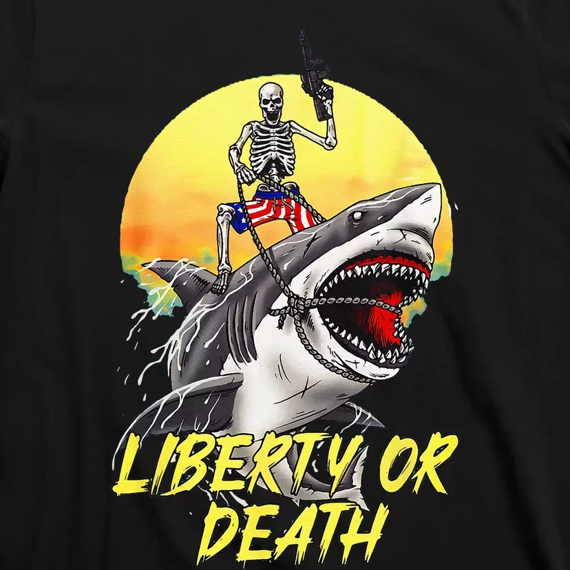 Skeleton Liberty Or Death Shark Halloween American Flag T-Shirt