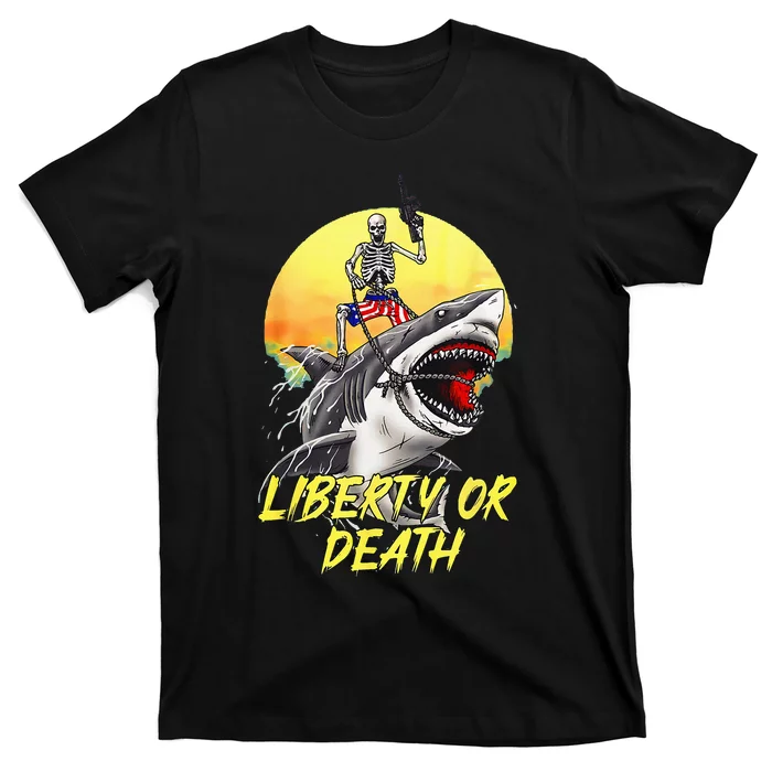 Skeleton Liberty Or Death Shark Halloween American Flag T-Shirt