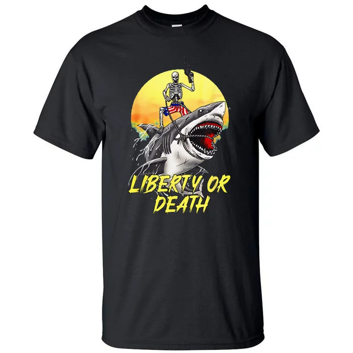 Skeleton Liberty Or Death Shark Halloween American Flag Tall T-Shirt