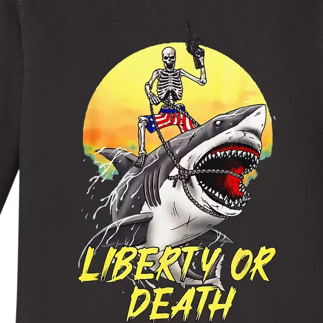 Skeleton Liberty Or Death Shark Halloween American Flag Baby Long Sleeve Bodysuit