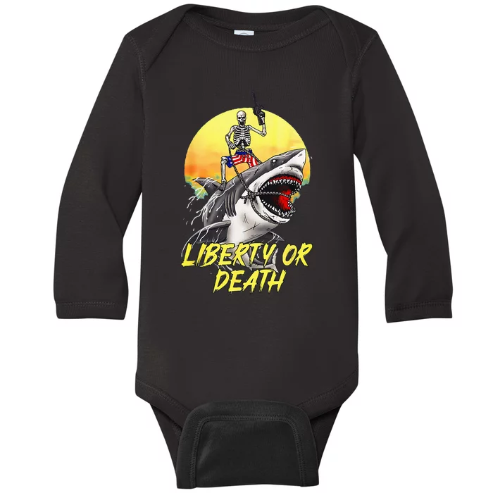 Skeleton Liberty Or Death Shark Halloween American Flag Baby Long Sleeve Bodysuit