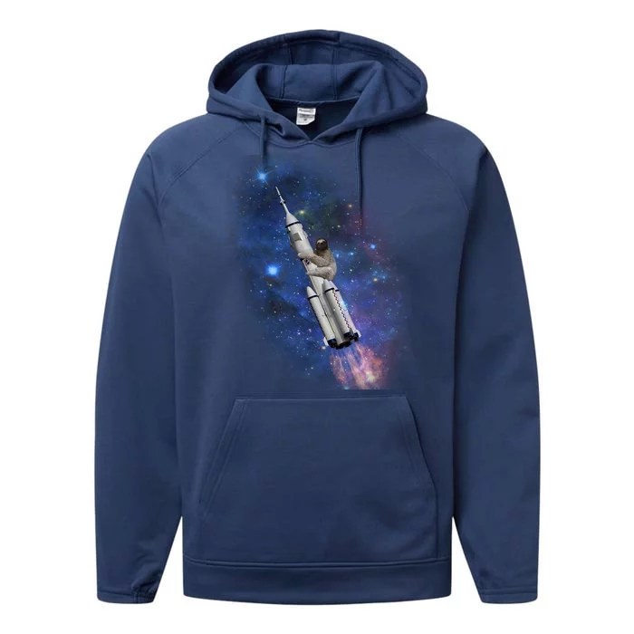 Sloth In Space Rocket ship Performance Fleece Hoodie