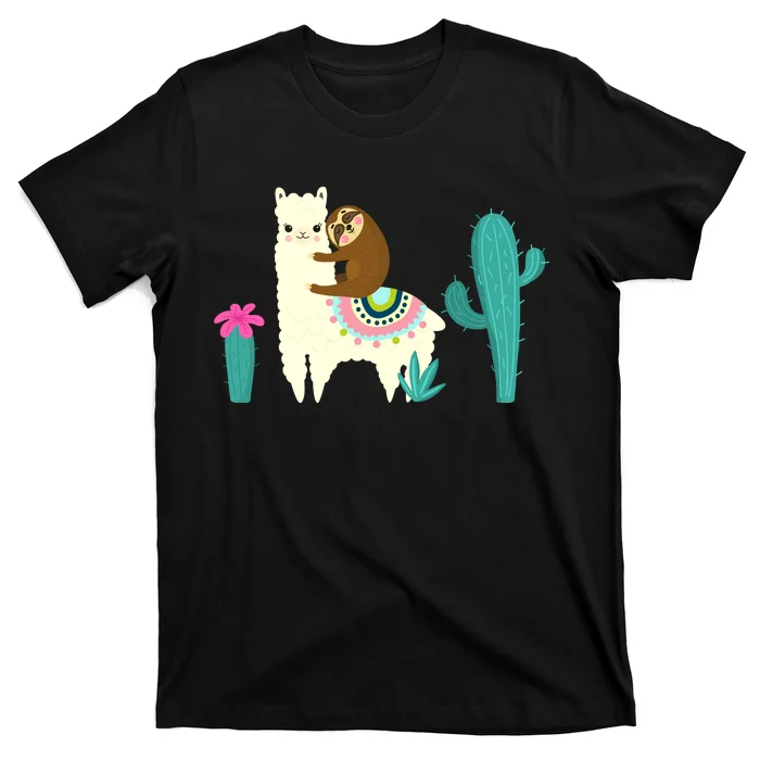 Sloth Riding Llama Funny Cactus T-Shirt