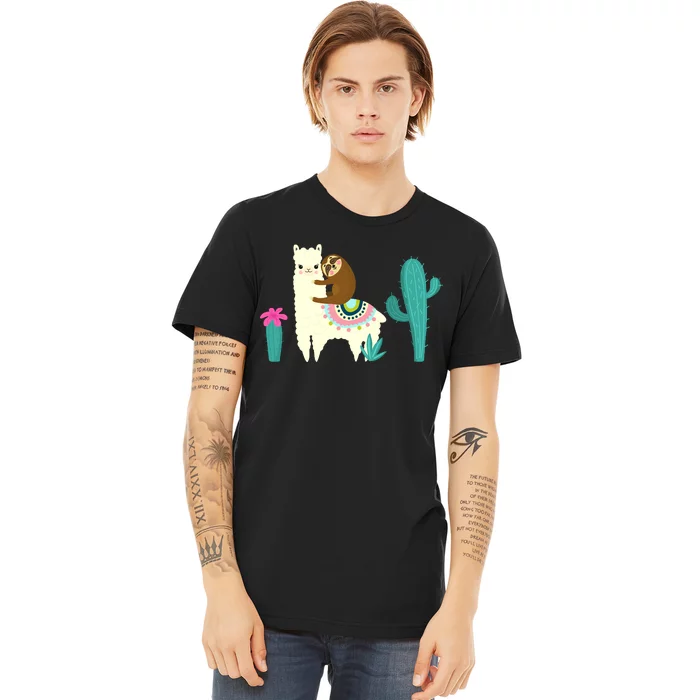 Sloth Riding Llama Funny Cactus Premium T-Shirt