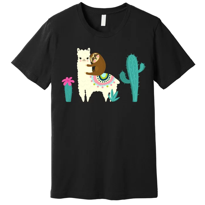 Sloth Riding Llama Funny Cactus Premium T-Shirt