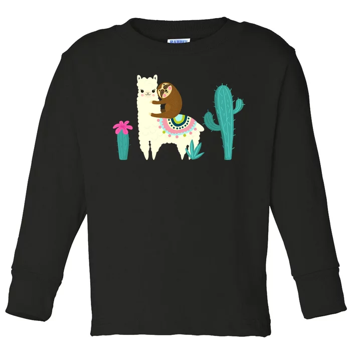 Sloth Riding Llama Funny Cactus Toddler Long Sleeve Shirt