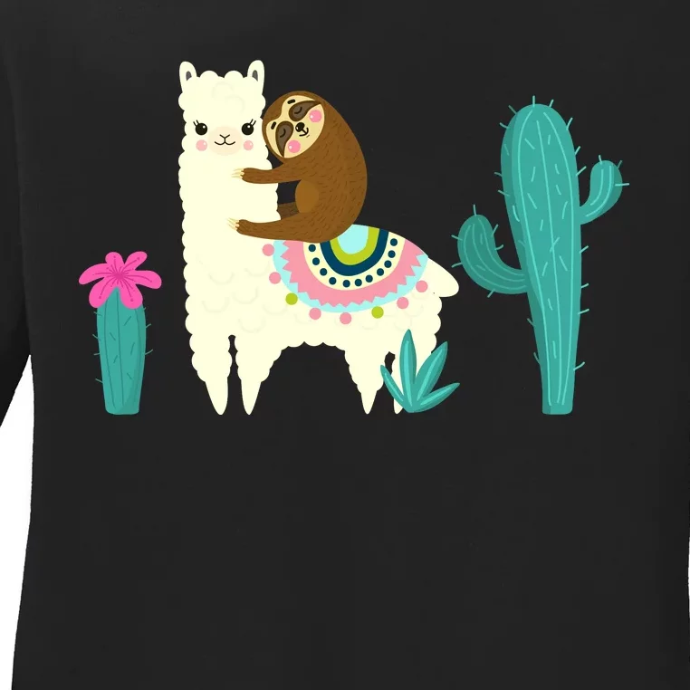 Sloth Riding Llama Funny Cactus Ladies Long Sleeve Shirt