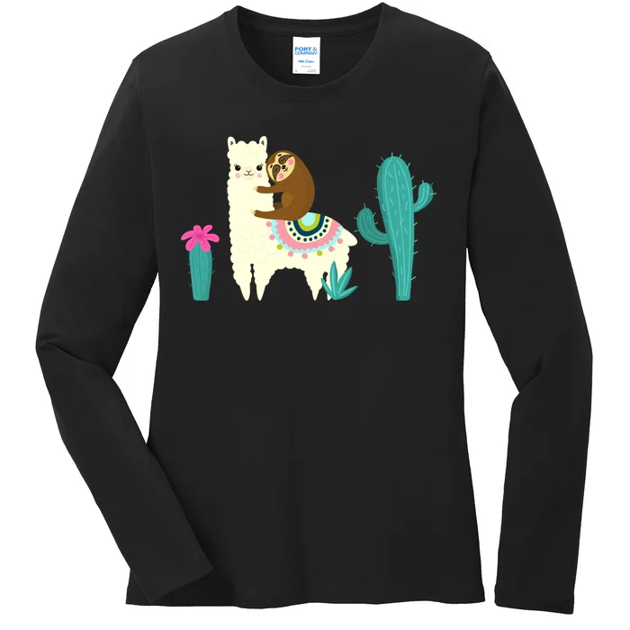 Sloth Riding Llama Funny Cactus Ladies Long Sleeve Shirt