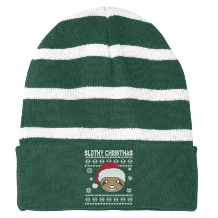 Slothy Christmas Ugly Sweater Striped Beanie with Solid Band