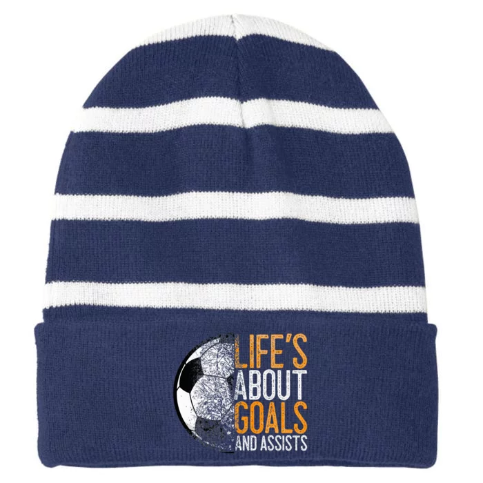 Soccer Lovers Player Football Goal Striped Beanie with Solid Band