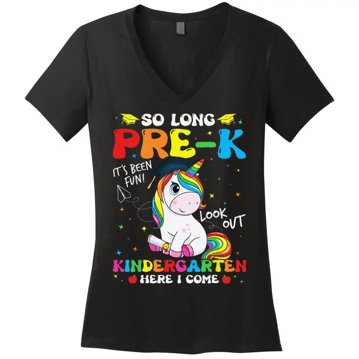 So Long PreK Kindergarten Here I Come Unicorn Graduation Women's V-Neck T-Shirt