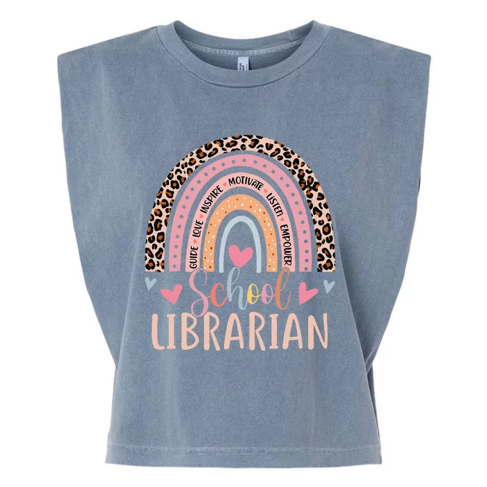 School Librarian Rainbow Leopard Print Funny Librarian Garment-Dyed Women's Muscle Tee