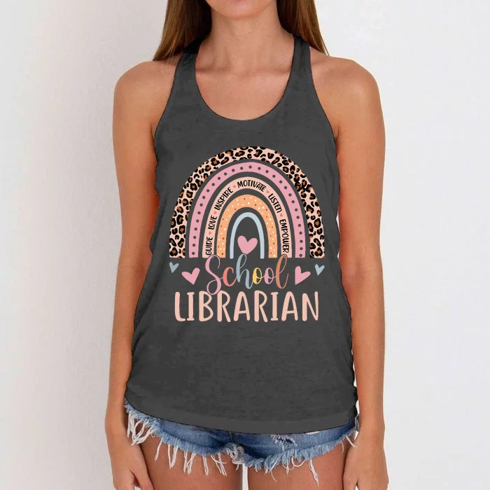 School Librarian Rainbow Leopard Print Funny Librarian Women's Knotted Racerback Tank