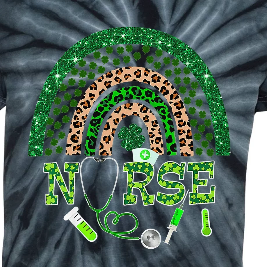 Stethoscope Leopard Rainbow Irish Nurse Shamrock Kids Tie-Dye T-Shirt