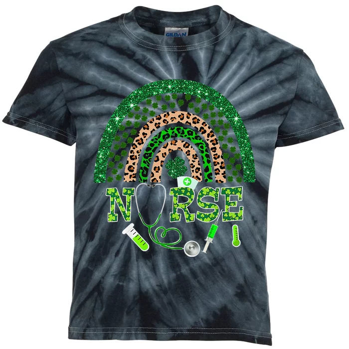 Stethoscope Leopard Rainbow Irish Nurse Shamrock Kids Tie-Dye T-Shirt